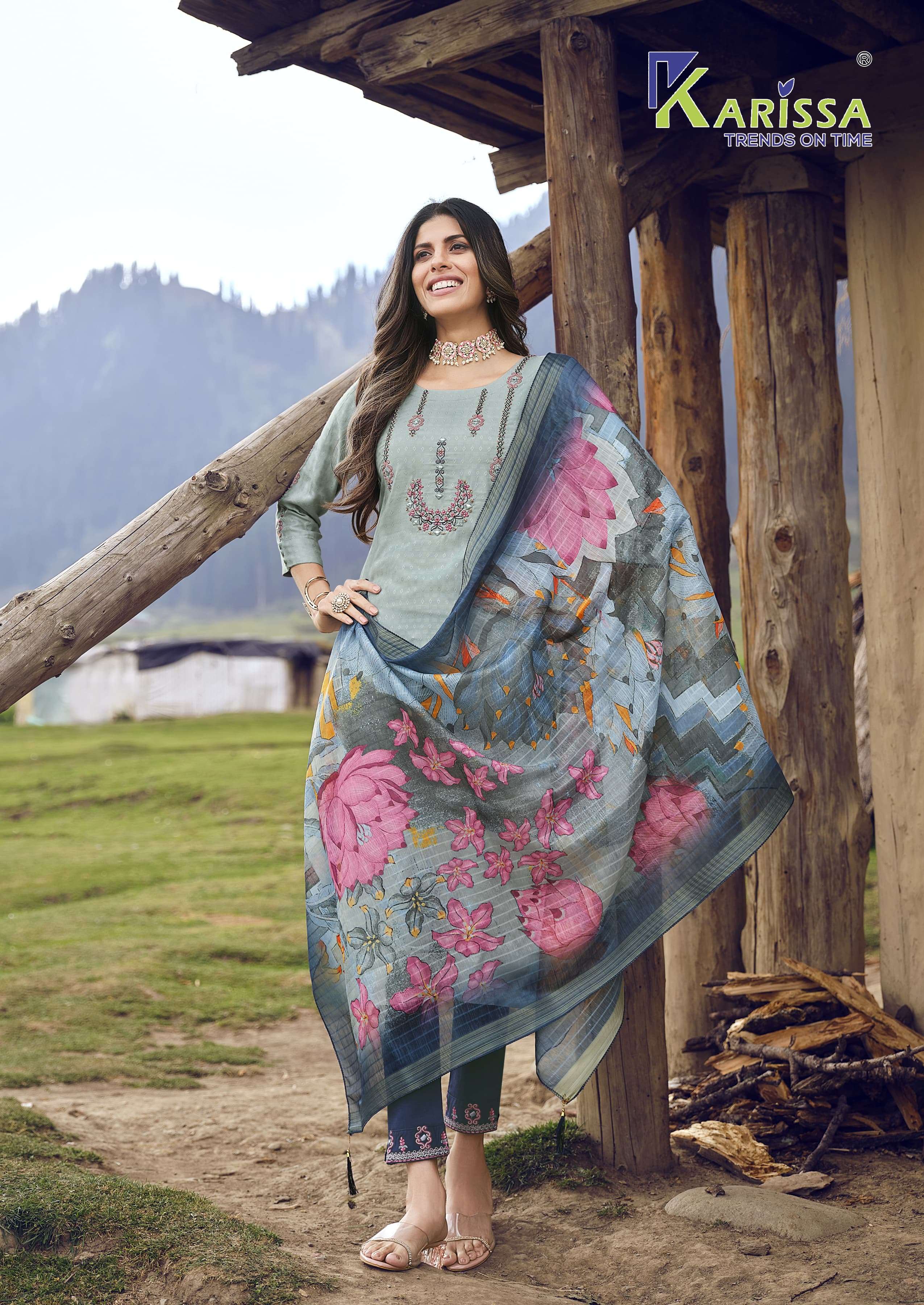 HAZEL LIVA TAG VISCOSE  THREAD HANDWORK KURTI WITH RAYON SLUB LYCRA PANT AND DIGITAL JACQUARD DUPATTA BY KARISSA BRAND 1001 C